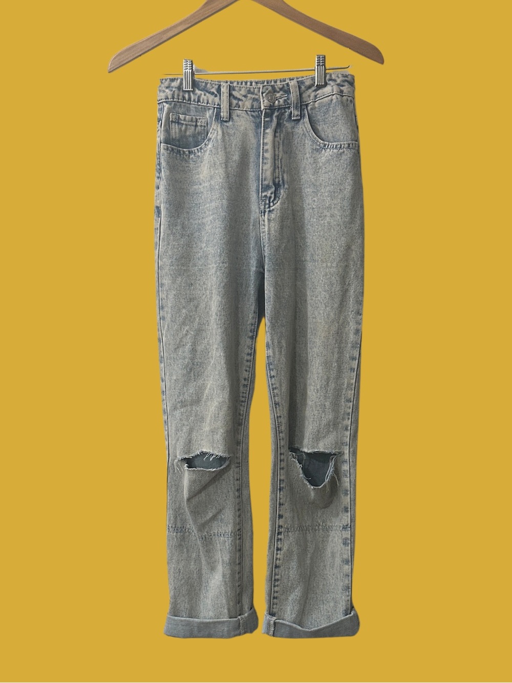 SHEIN Light Blue Distressed Straight Leg Jeans SIZE 24 US 2 SMALL Knee Holes